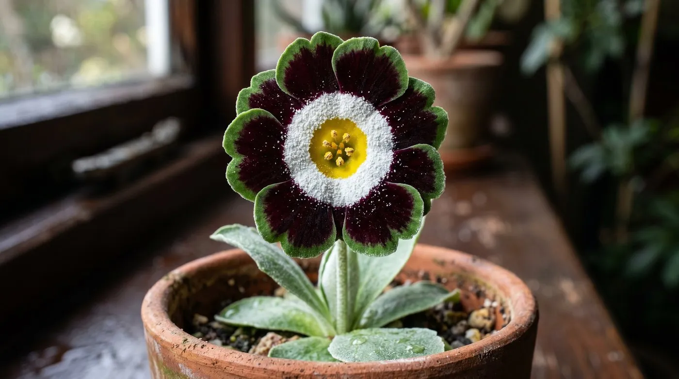 A single Show auricula with a ring of white farina paste around a golden centre