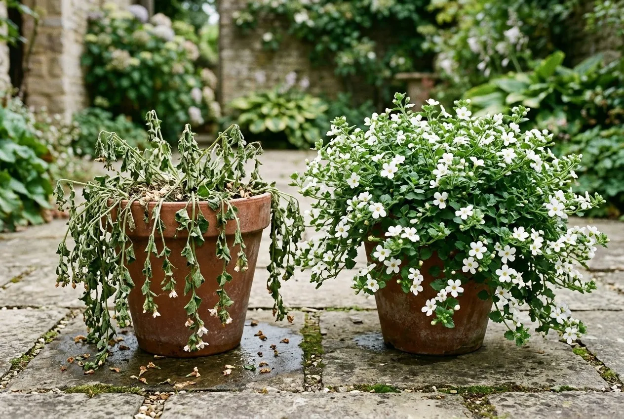 A wilted, flowerless bacopa basket on a UK patio after a missed watering, showing dropped buds and a tired plant beside a healthy flowering one