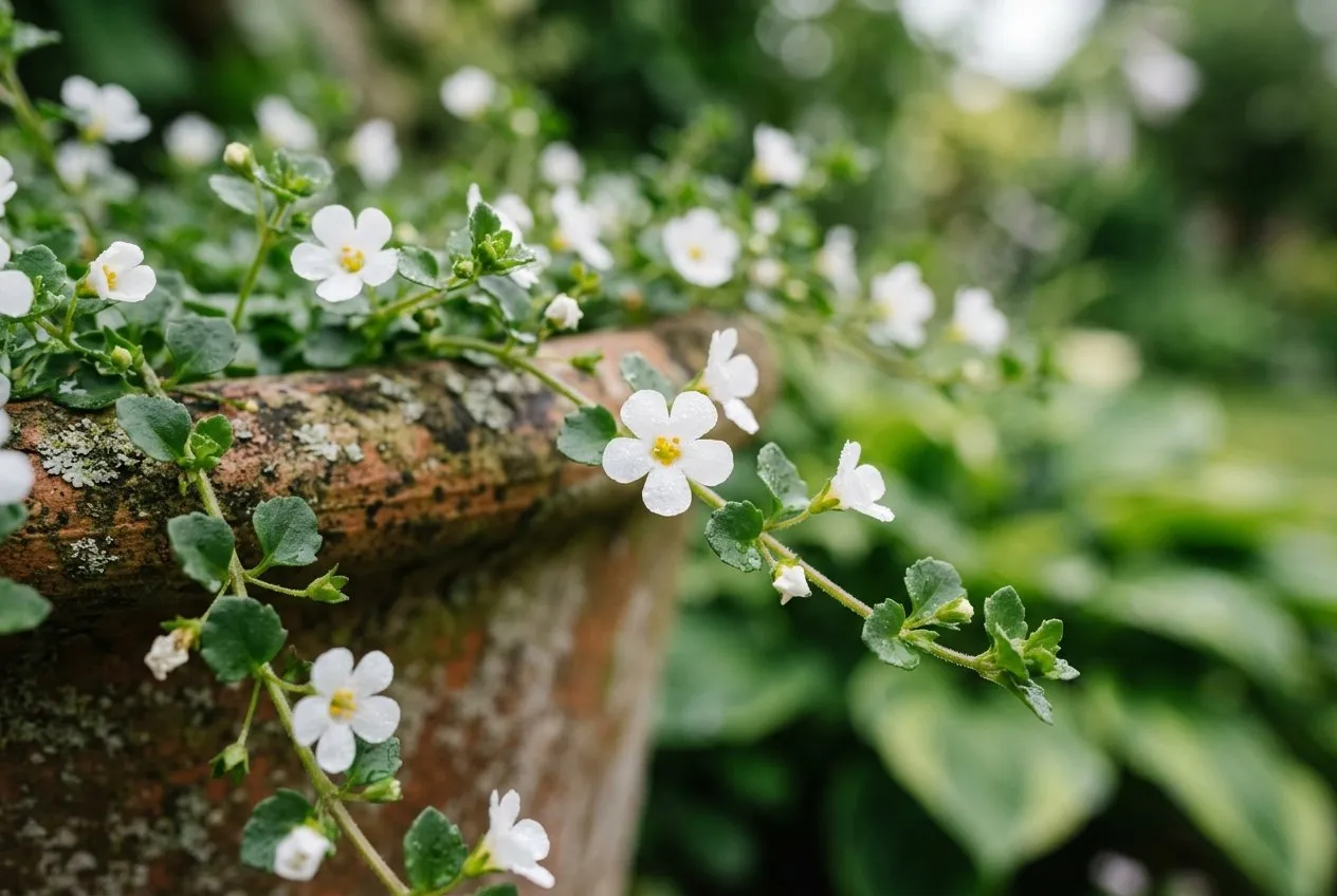 A close-up of white bacopa flowers showing the small five-petalled blooms and trailing green stems against a terracotta pot in a UK suburban garden