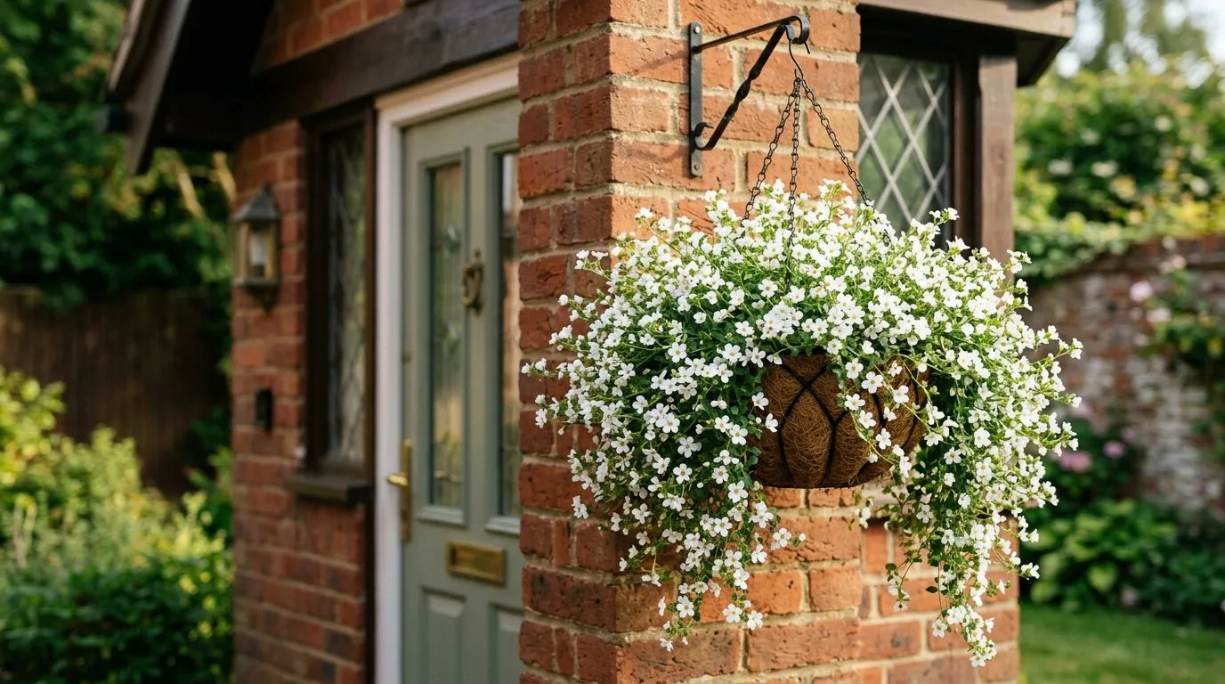 A hanging basket of white trailing bacopa in full flower on a UK porch in midsummer, tiny five-petalled blooms cascading over the rim