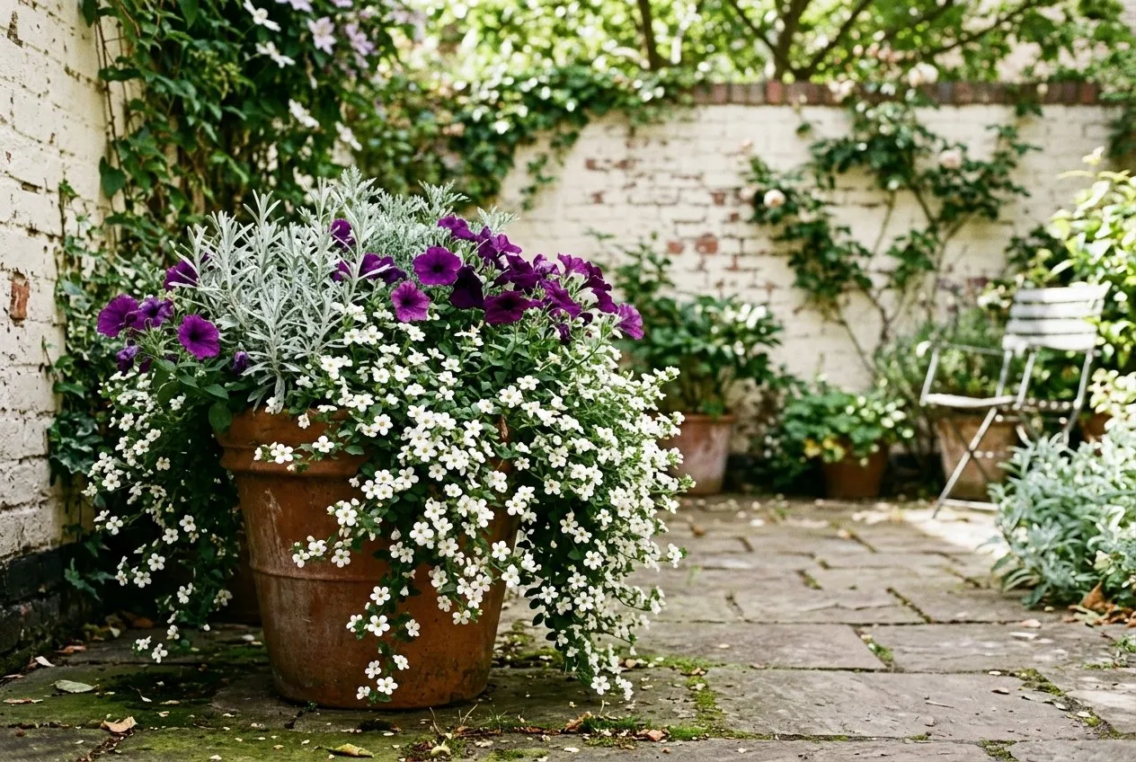 A mixed patio container with white bacopa trailing alongside purple petunias and silver foliage on a UK city courtyard patio
