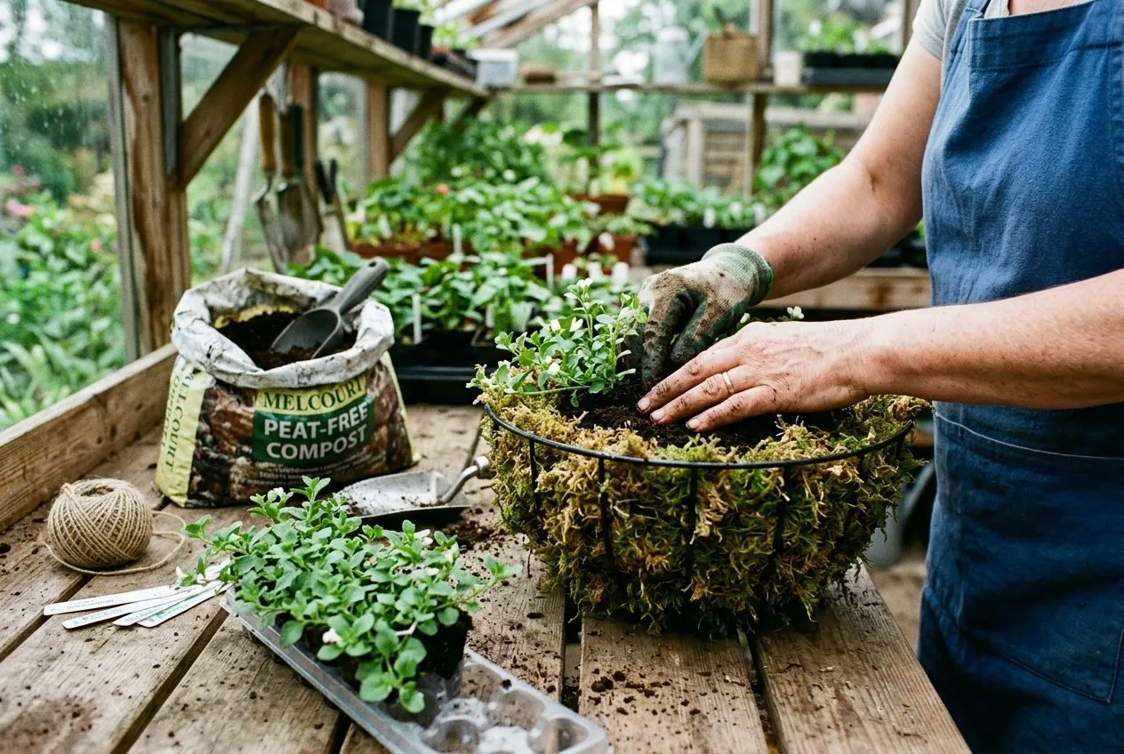 Plug plants of bacopa being planted into the edge of a wire hanging basket lined with moss on a potting bench in a UK greenhouse