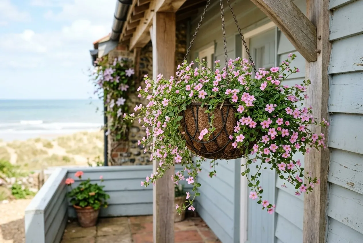 A hanging basket of pink bacopa on a porch of a UK seaside cottage, the trailing stems moving in a coastal breeze