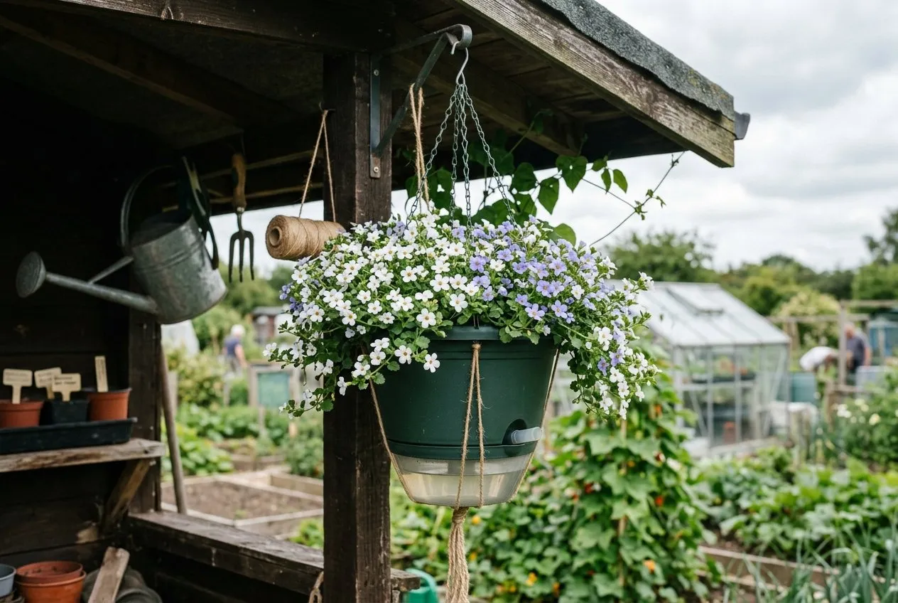 A self-watering hanging basket with a built-in reservoir planted with white and blue bacopa, hung under a UK allotment shed canopy