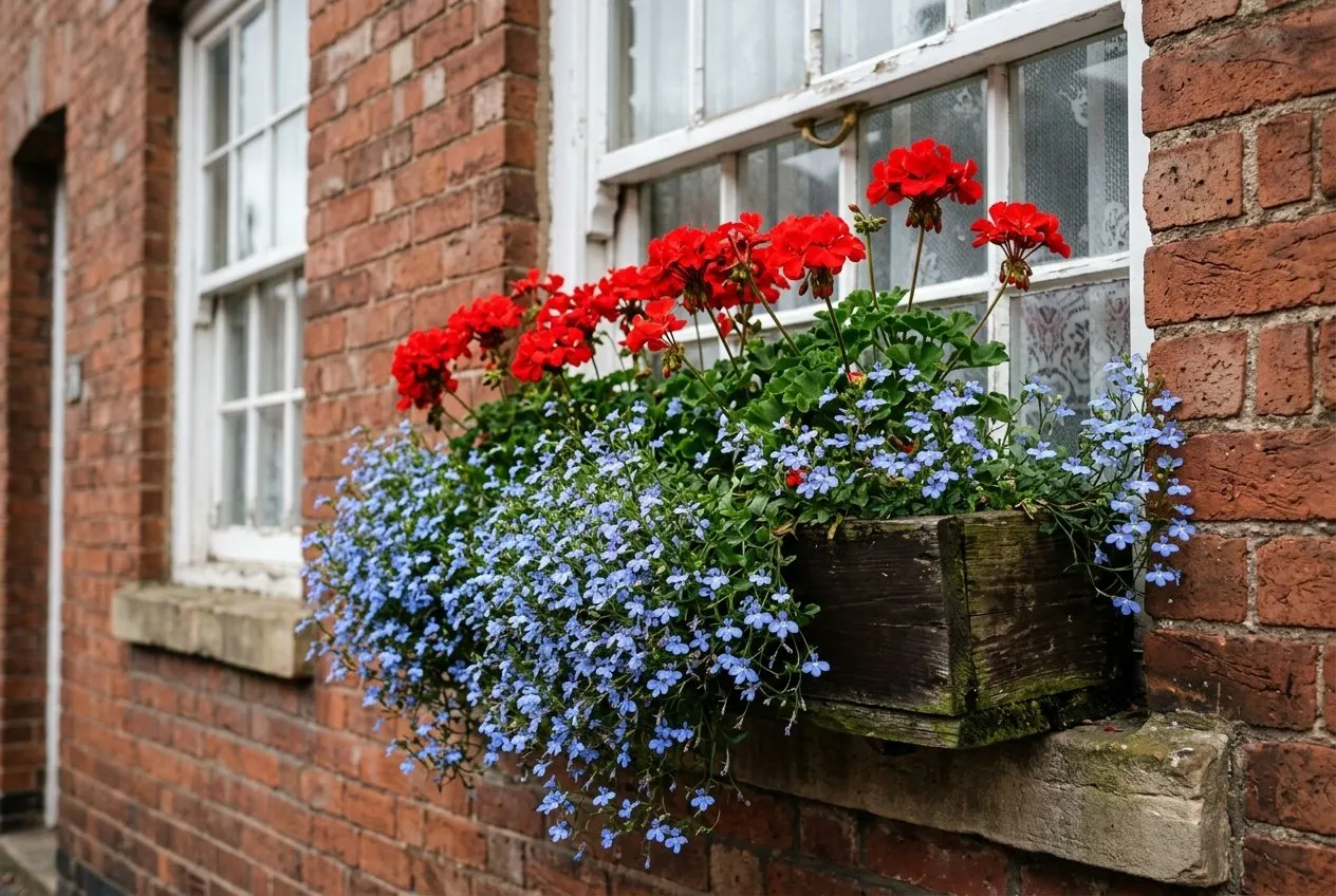 A UK window box on a brick terraced house planted with blue bacopa trailing below red geraniums in full summer flower