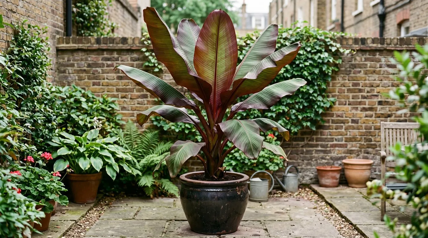 Comparison of a hardy green Musa basjoo and a red-leaved tender Ensete ventricosum in a UK garden setting