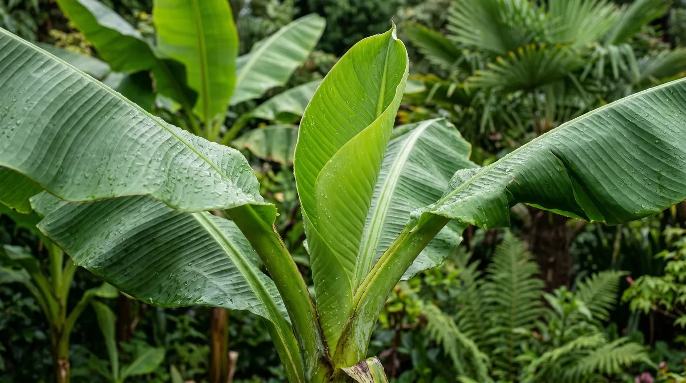 A Musa basjoo hardy banana unfurling a bright new emerald leaf from the centre of the pseudostem