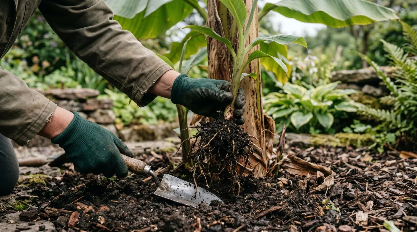 A gardener detaching a rooted banana sucker pup from the base of a mature plant with a spade