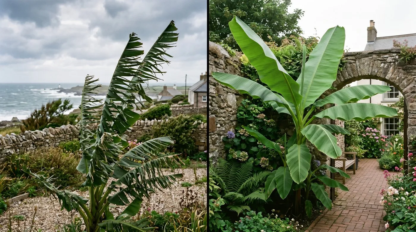 Wind-shredded banana leaves torn into ribbons next to intact sheltered leaves in a British garden