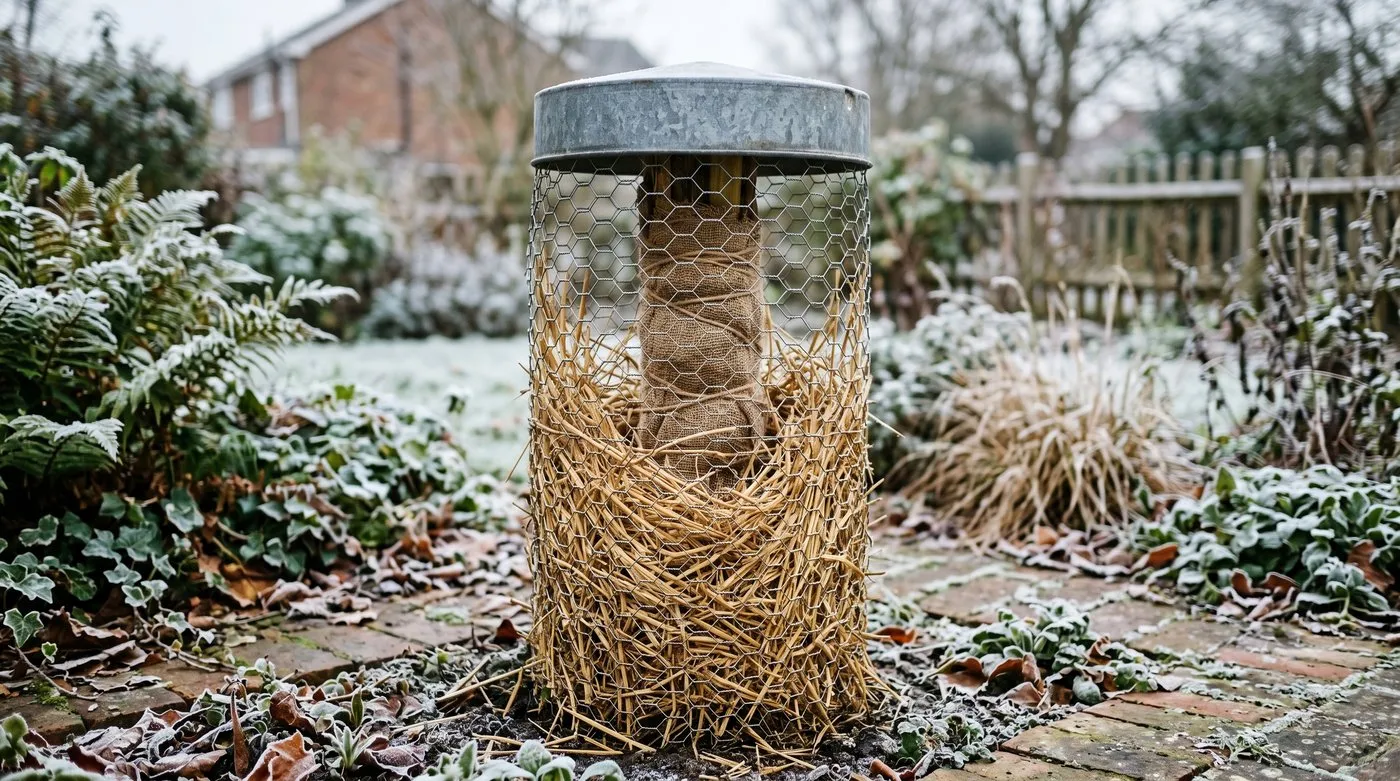 A banana pseudostem wrapped in a chicken-wire cage packed with dry straw and capped against rain in a frosty British garden