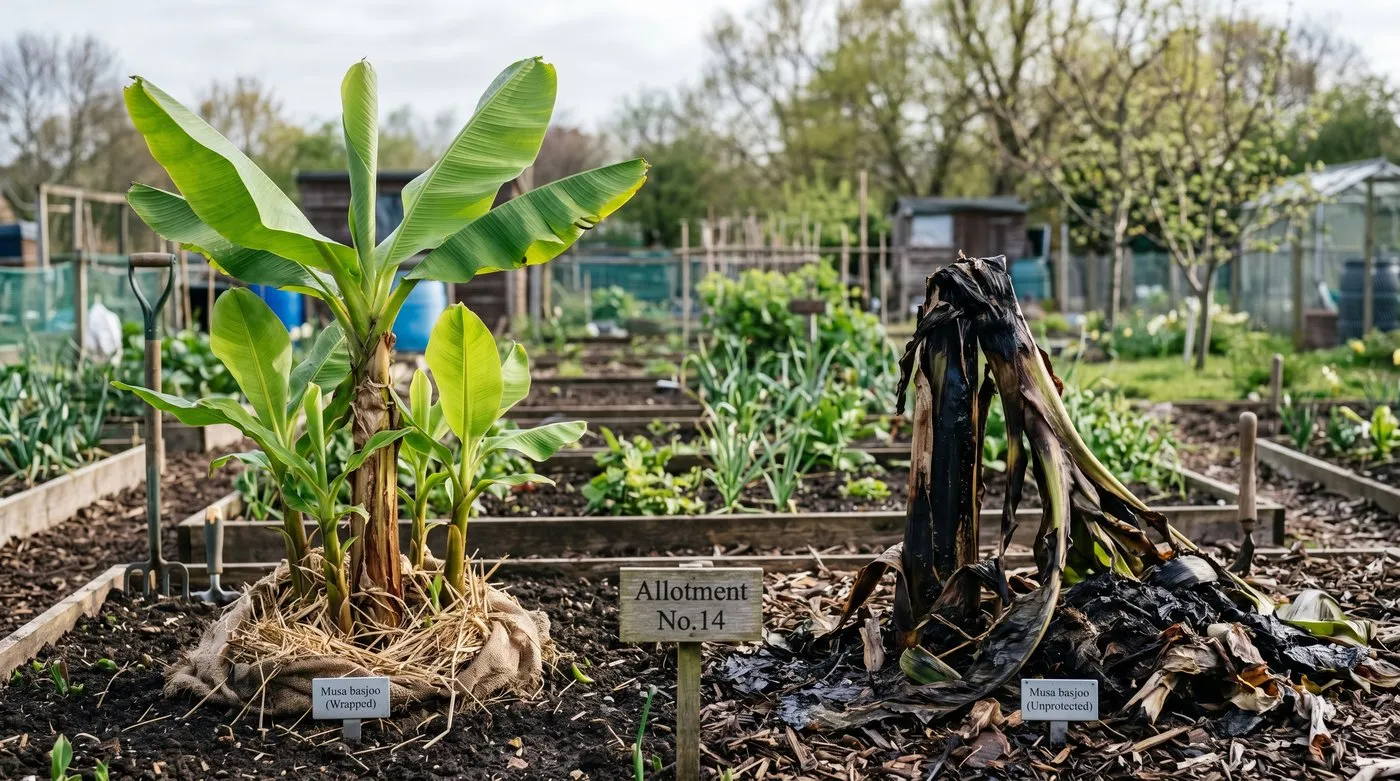 Wrapped Musa basjoo regrowing strongly in spring next to a collapsed unwrapped plant starting from the root