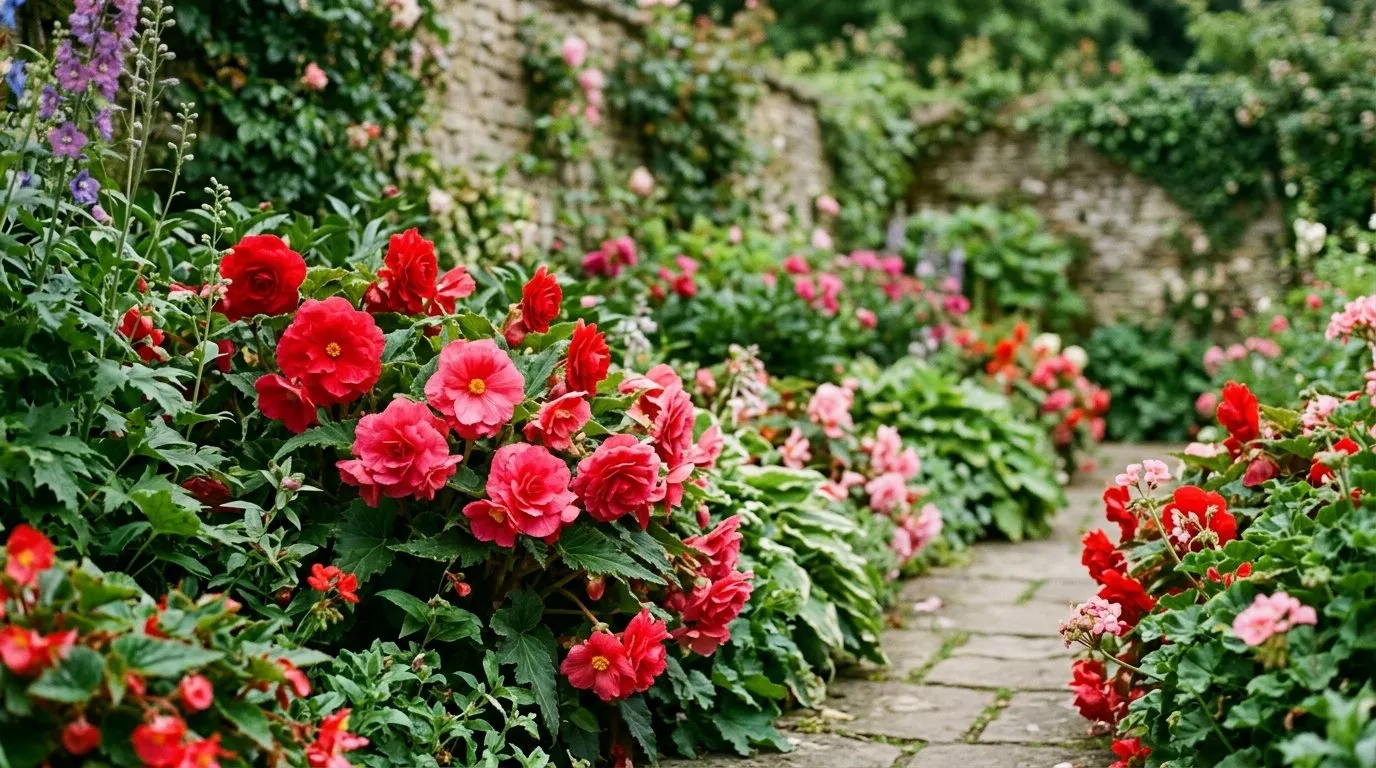Vibrant red and pink begonias flowering in an English cottage garden border in summer