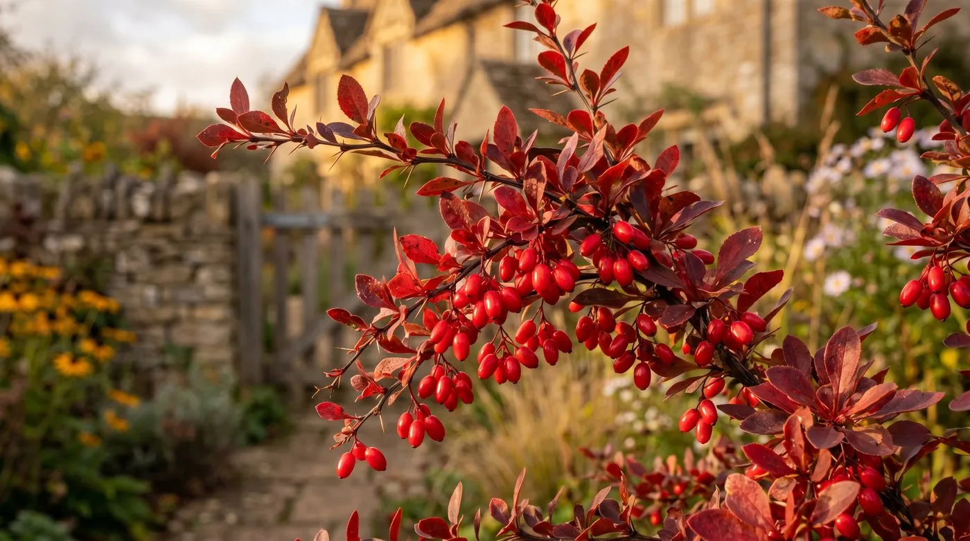 Deep red autumn foliage and red berries on Berberis thunbergii in a UK garden
