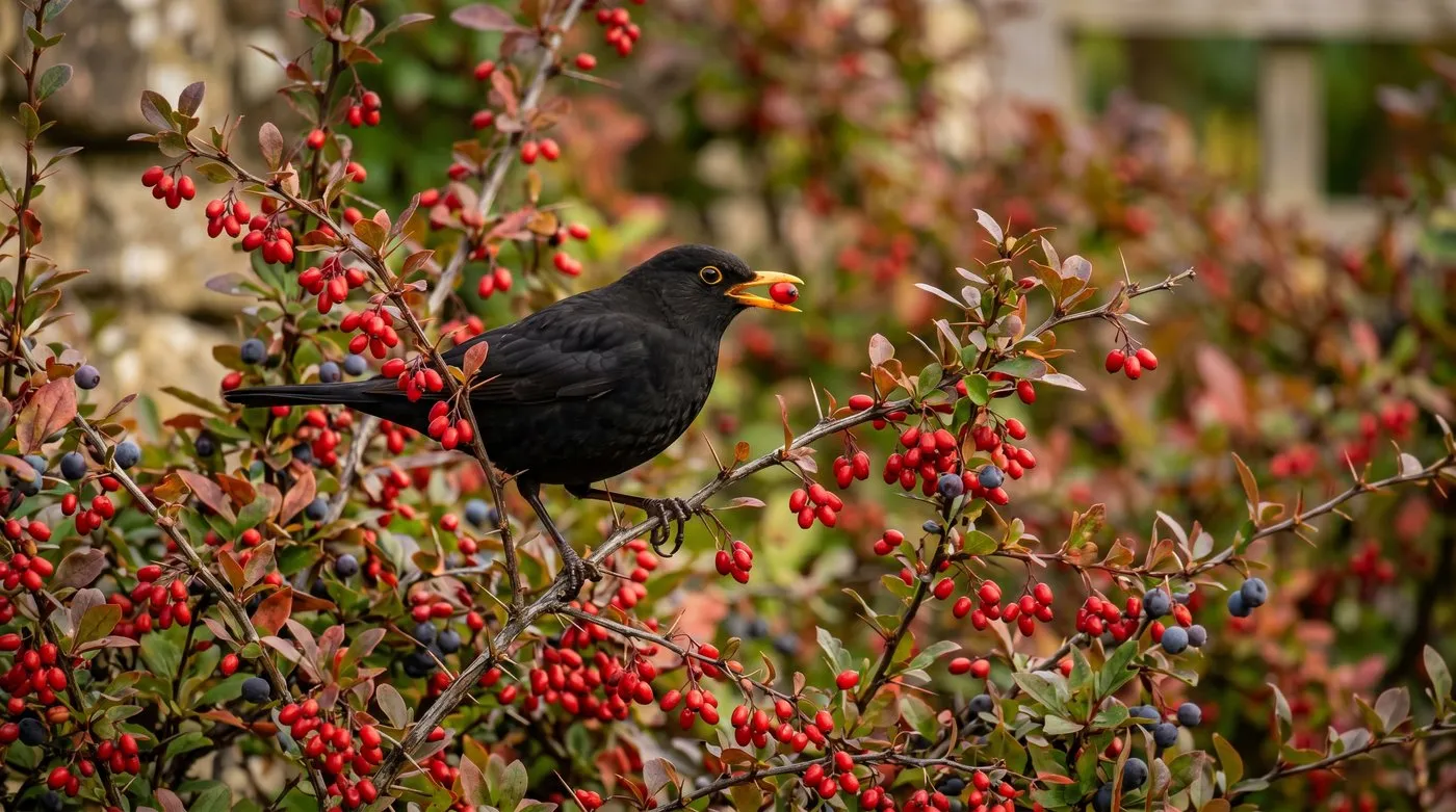 Blackbird feeding on red berberis berries in autumn