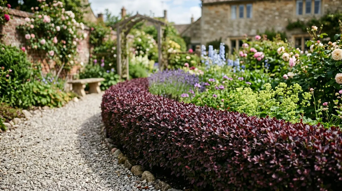 Dwarf purple Berberis thunbergii Atropurpurea Nana edging a gravel path in a UK town garden