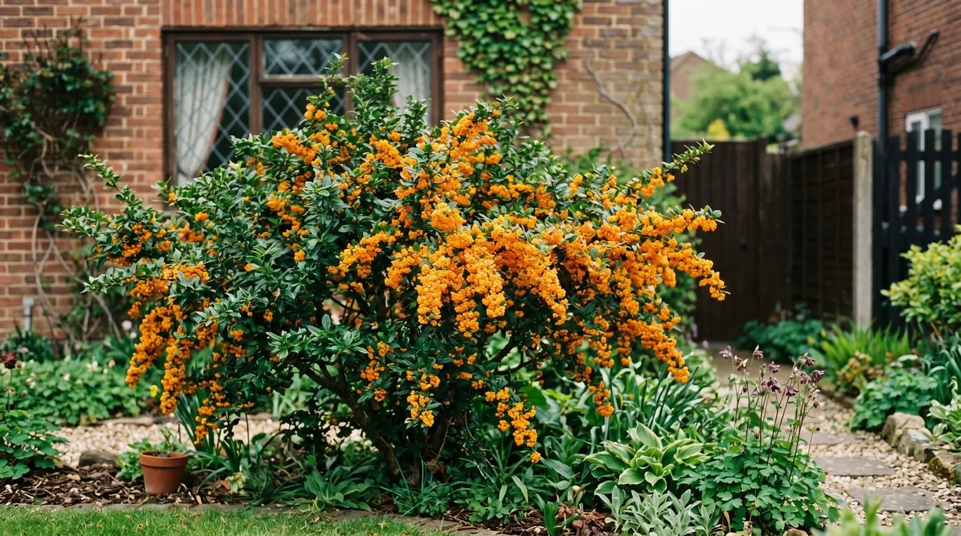 Berberis darwinii covered in bright orange spring flowers in a UK garden