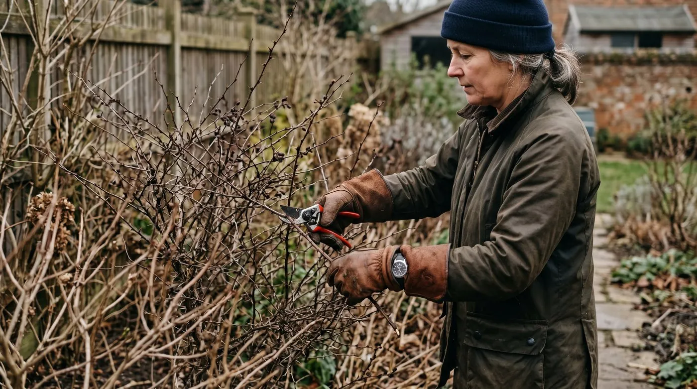Gardener in leather gauntlet gloves pruning a spiny berberis with secateurs