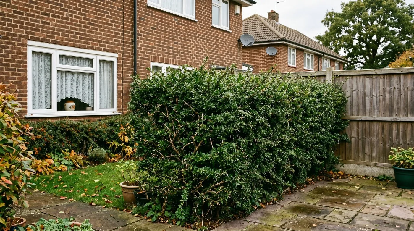 Dense spiny berberis hedge along a suburban UK garden boundary beneath a window