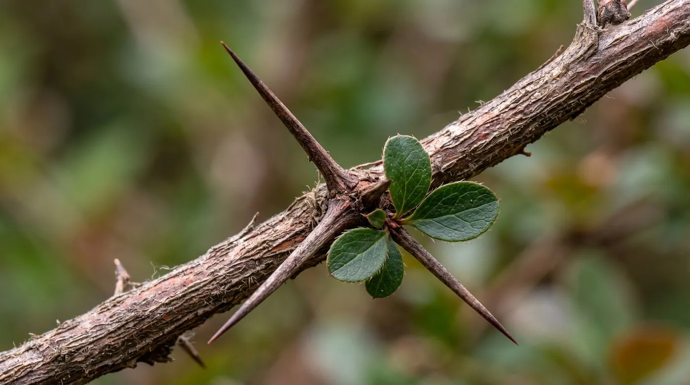 Macro close-up of the triple spines on a berberis stem