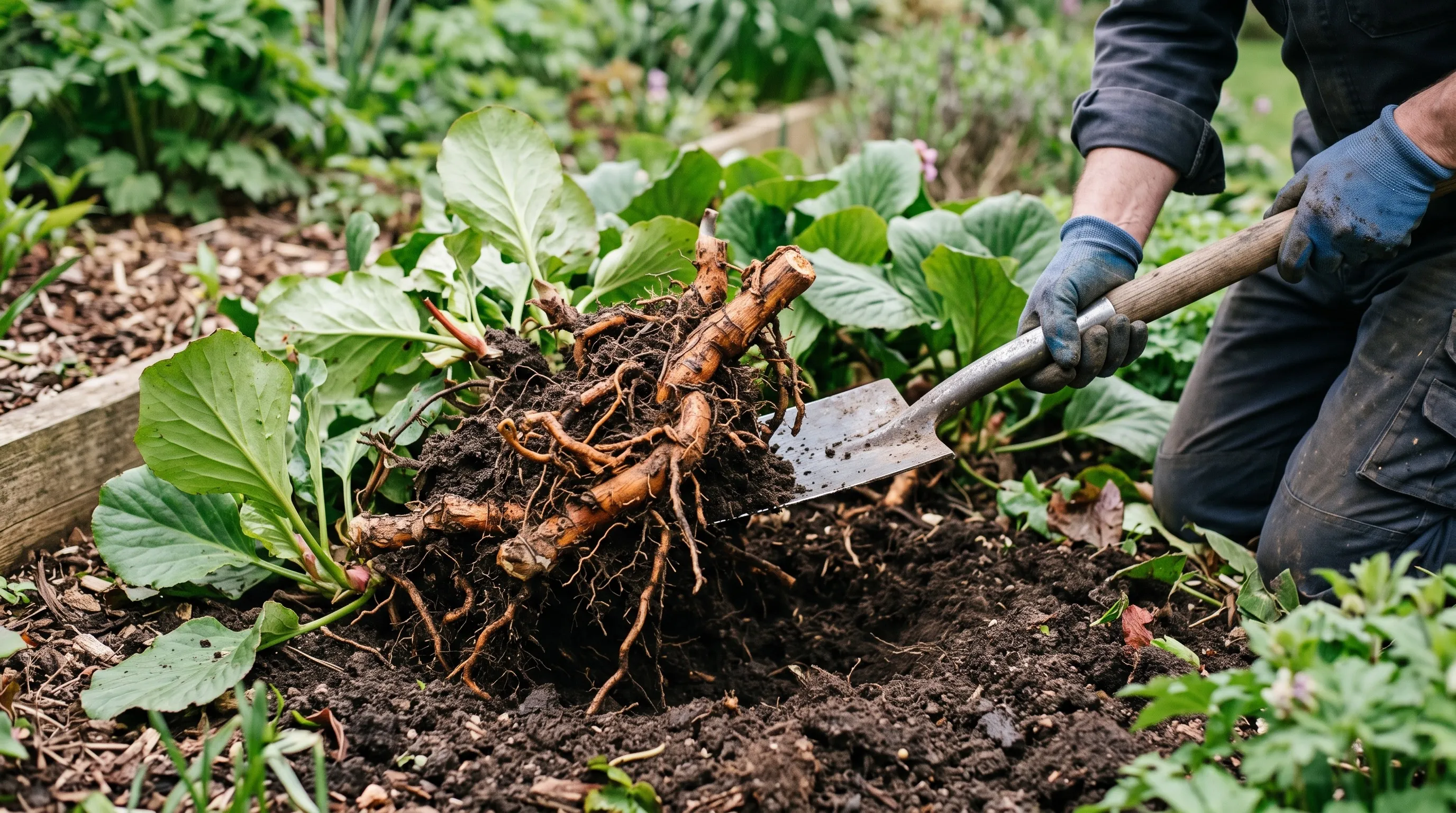 Dividing a congested bergenia clump with a spade, showing thick woody rhizomes
