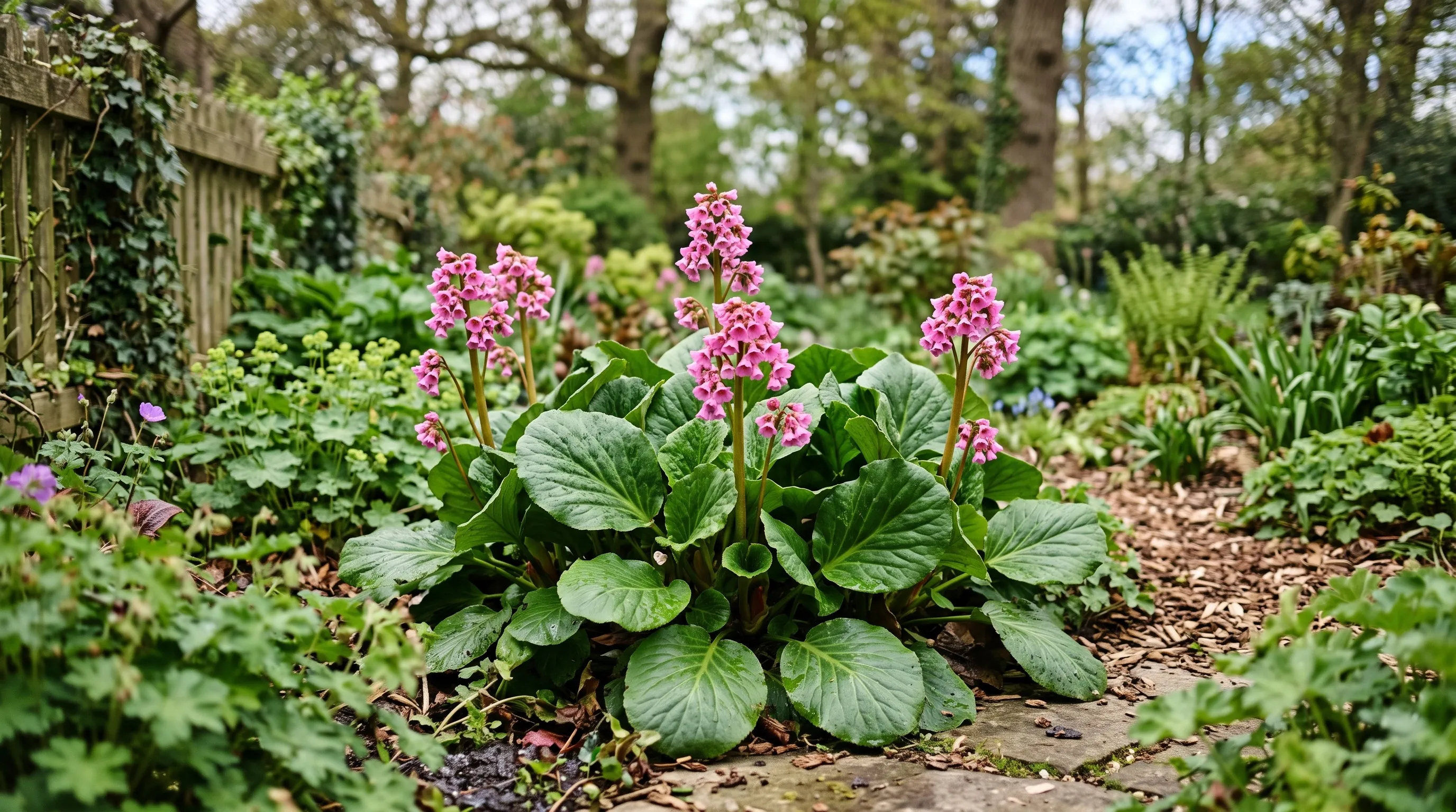 A large clump of bergenia elephant's ears with glossy leaves and pink flower spikes in a UK garden