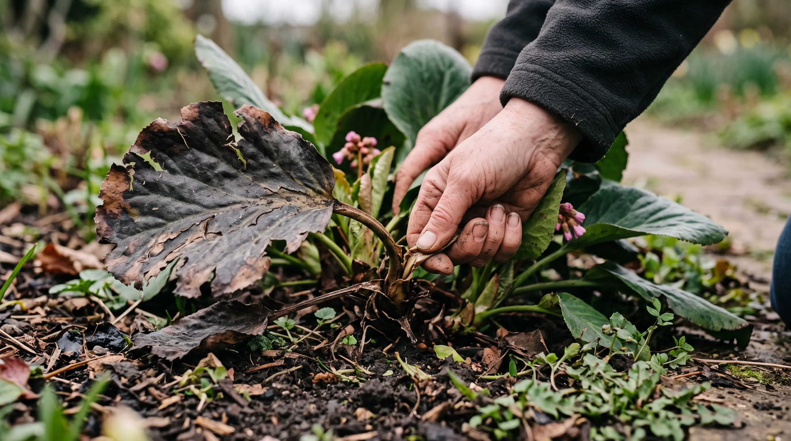 A gardener's hand removing a tatty wind-burnt old bergenia leaf in early spring