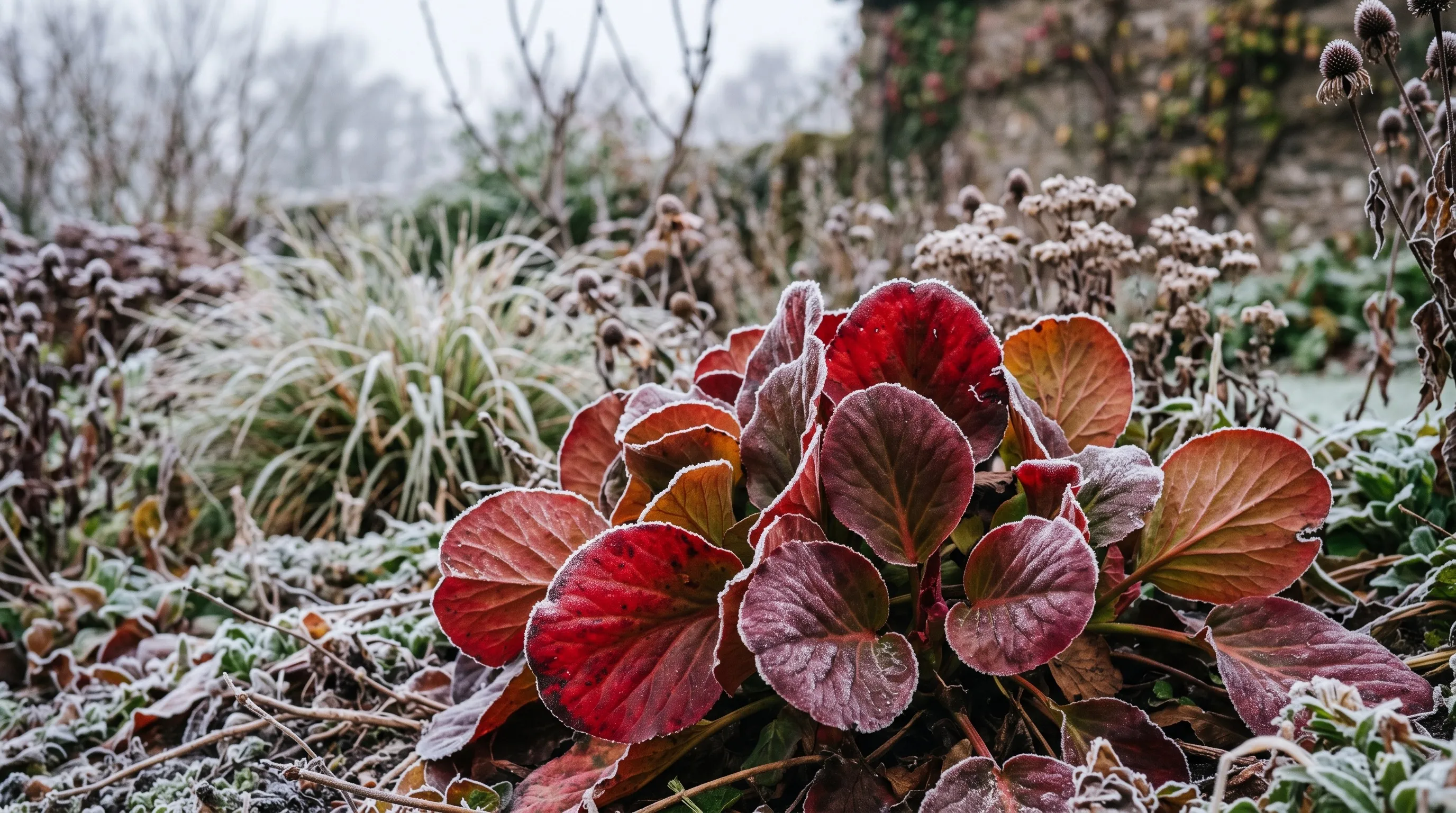 Bergenia leaves turned deep red and bronze in winter frost in a UK garden