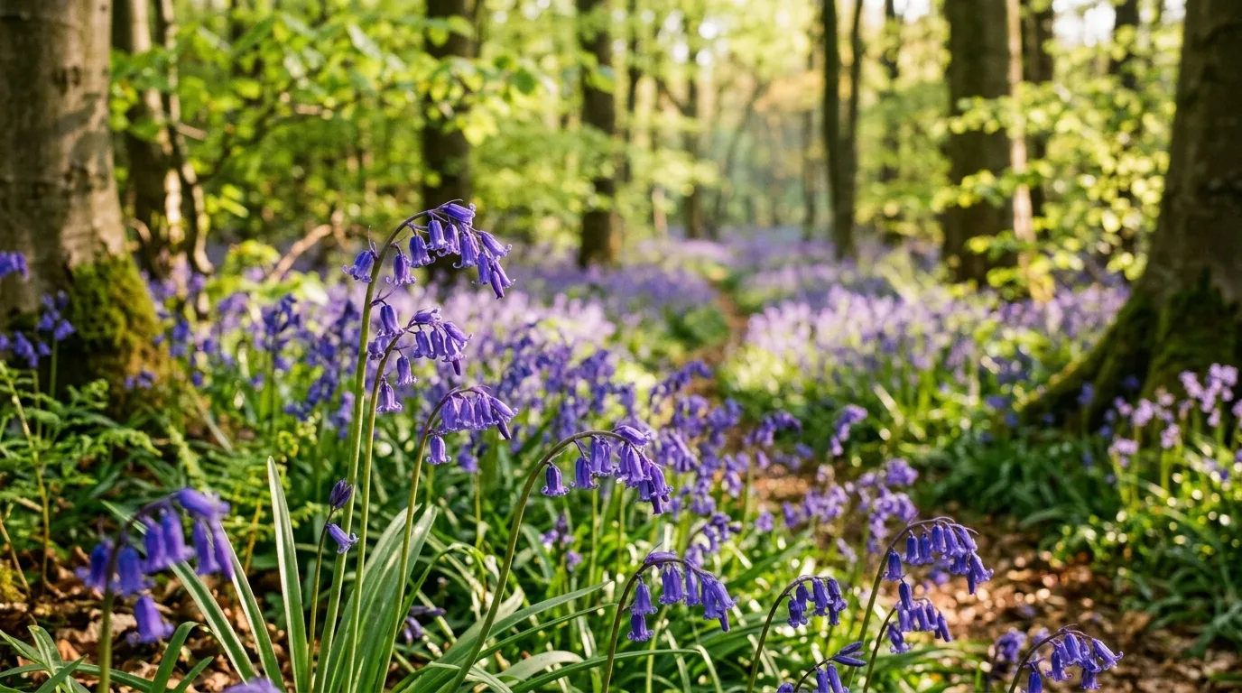 Native bluebells flowering in a UK woodland with dappled sunlight through beech trees