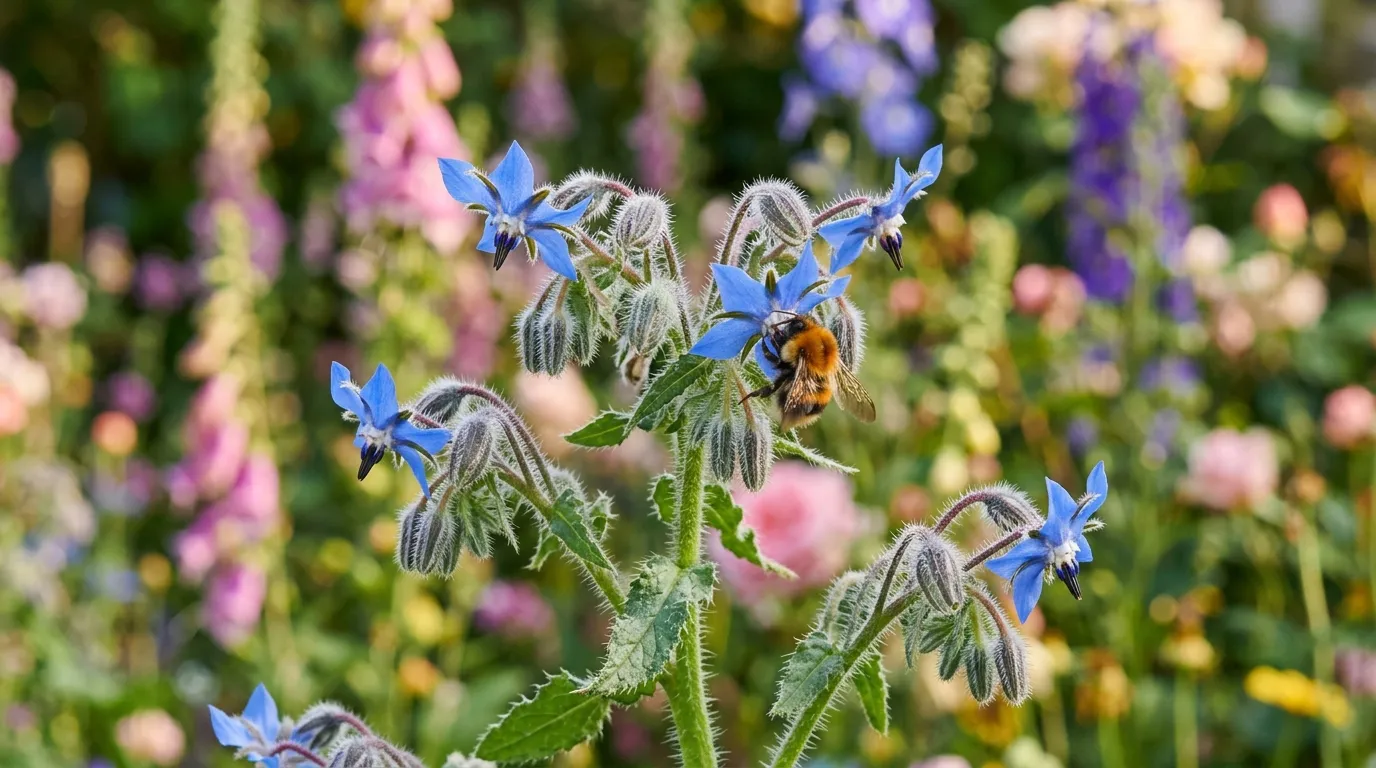 Borage starflower with bright blue star-shaped flowers and a bumblebee visiting in a UK cottage garden