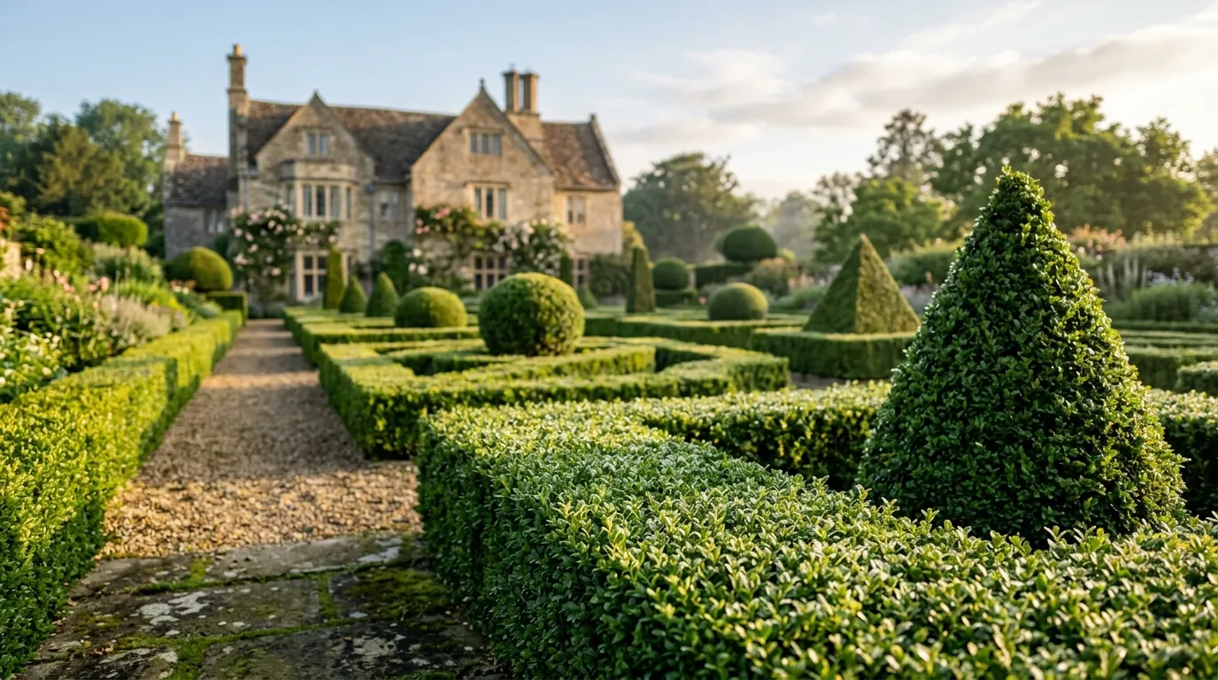 Clipped box buxus hedging and topiary shapes in a formal English garden