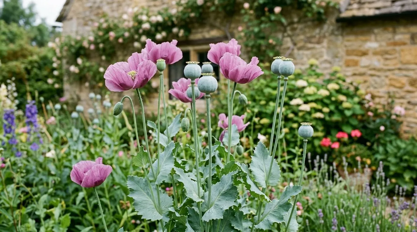 Breadseed poppies with mauve flowers and swelling grey-green seed pods in a UK cottage garden bed