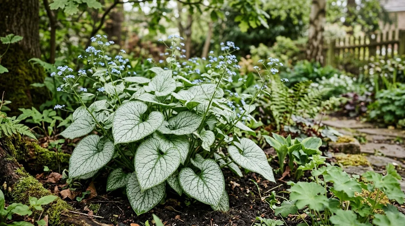 A clump of Brunnera 'Jack Frost' with silver heart-shaped leaves and blue forget-me-not flowers in a shady UK border