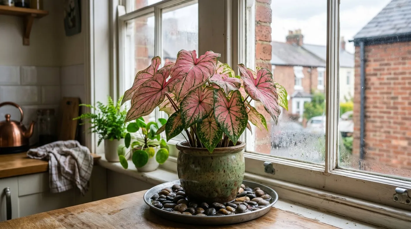 A pink caladium standing on a wet pebble humidity tray beside a kitchen window in a UK home