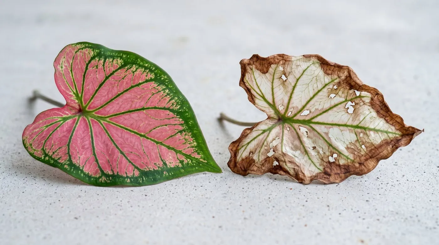 Healthy vivid pink caladium leaves beside a scorched sun-damaged leaf showing bleached and brown patches