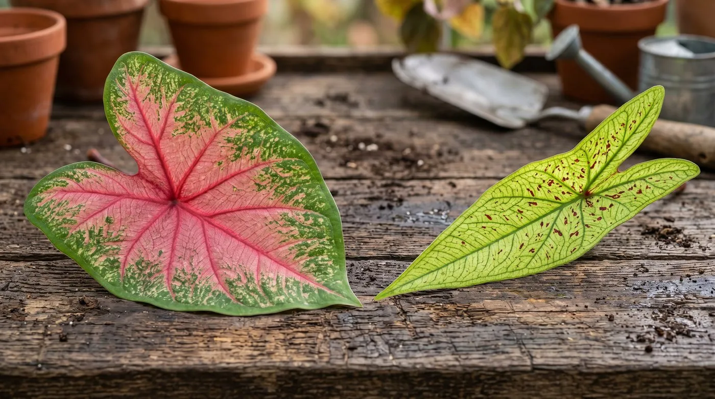 Close comparison of broad fancy-leaf and narrow strap-leaf caladium leaves side by side on a UK potting bench
