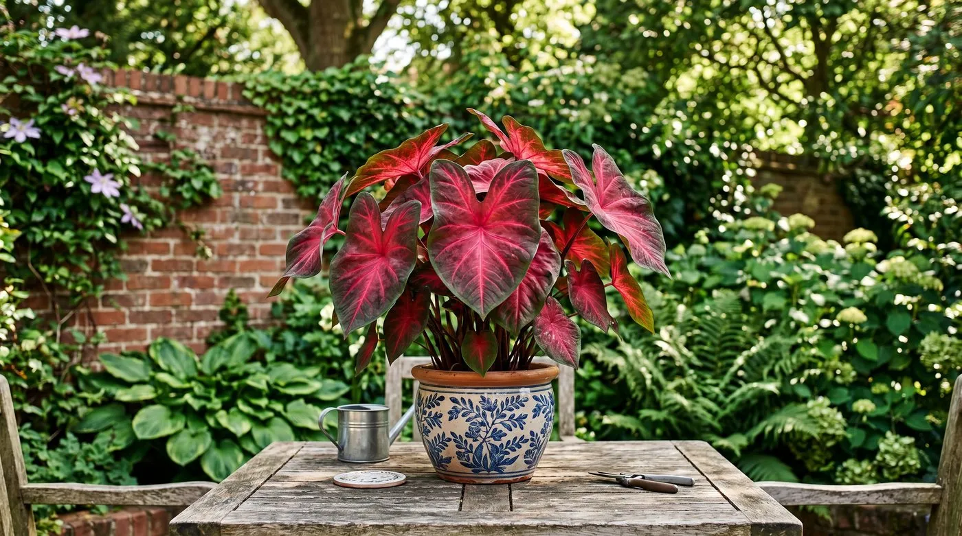 Mature red and pink Caladium Red Flash plant in a ceramic pot on a shaded UK suburban patio in summer