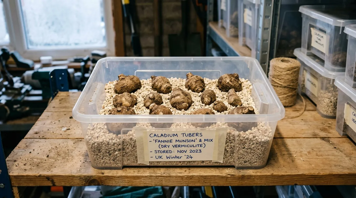 Dormant caladium tubers brushed clean and stored in dry vermiculite in a labelled tub for winter