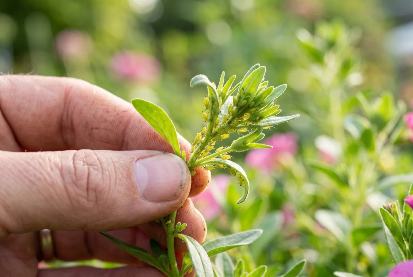 Aphids clustered on a calibrachoa stem tip with a gardener's hand inspecting the new growth