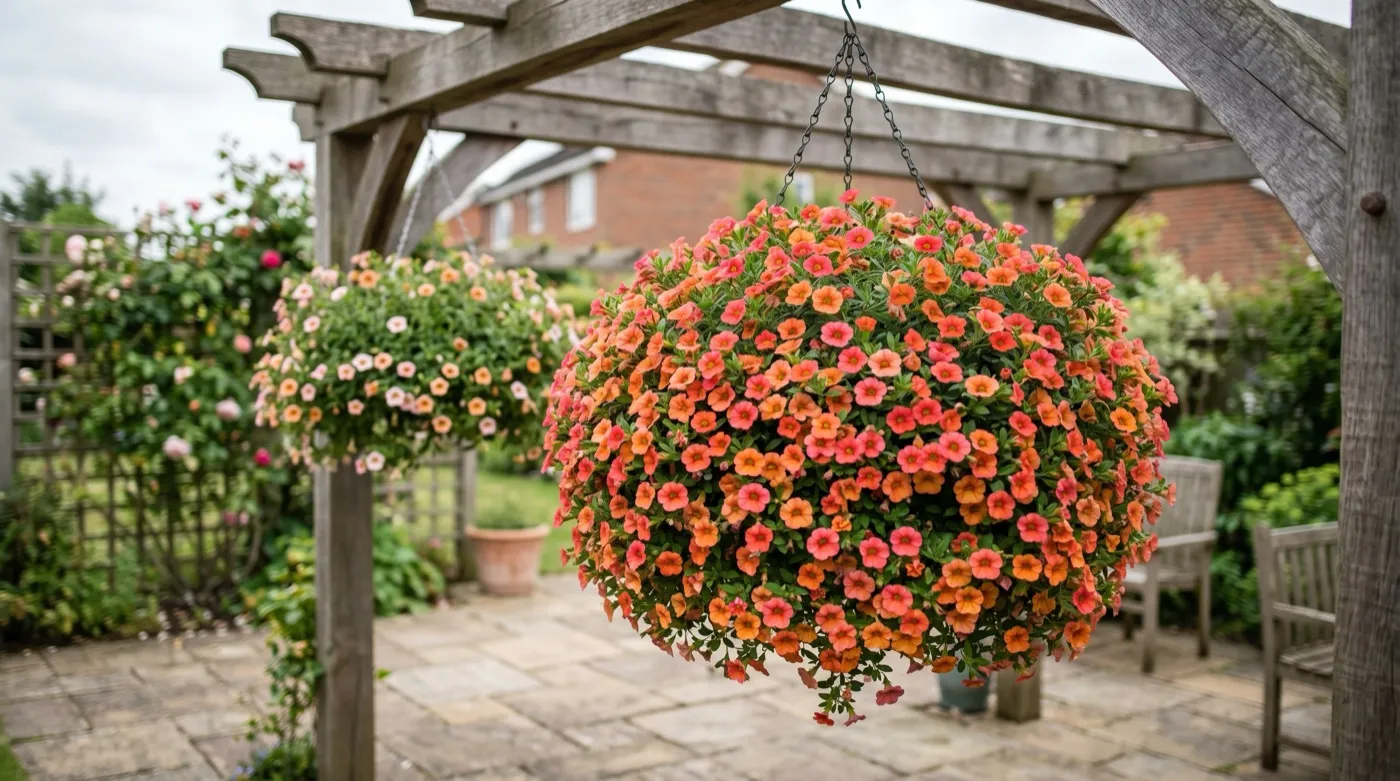 Well-fed calibrachoa basket forming a dense dome of flower on a suburban patio in summer