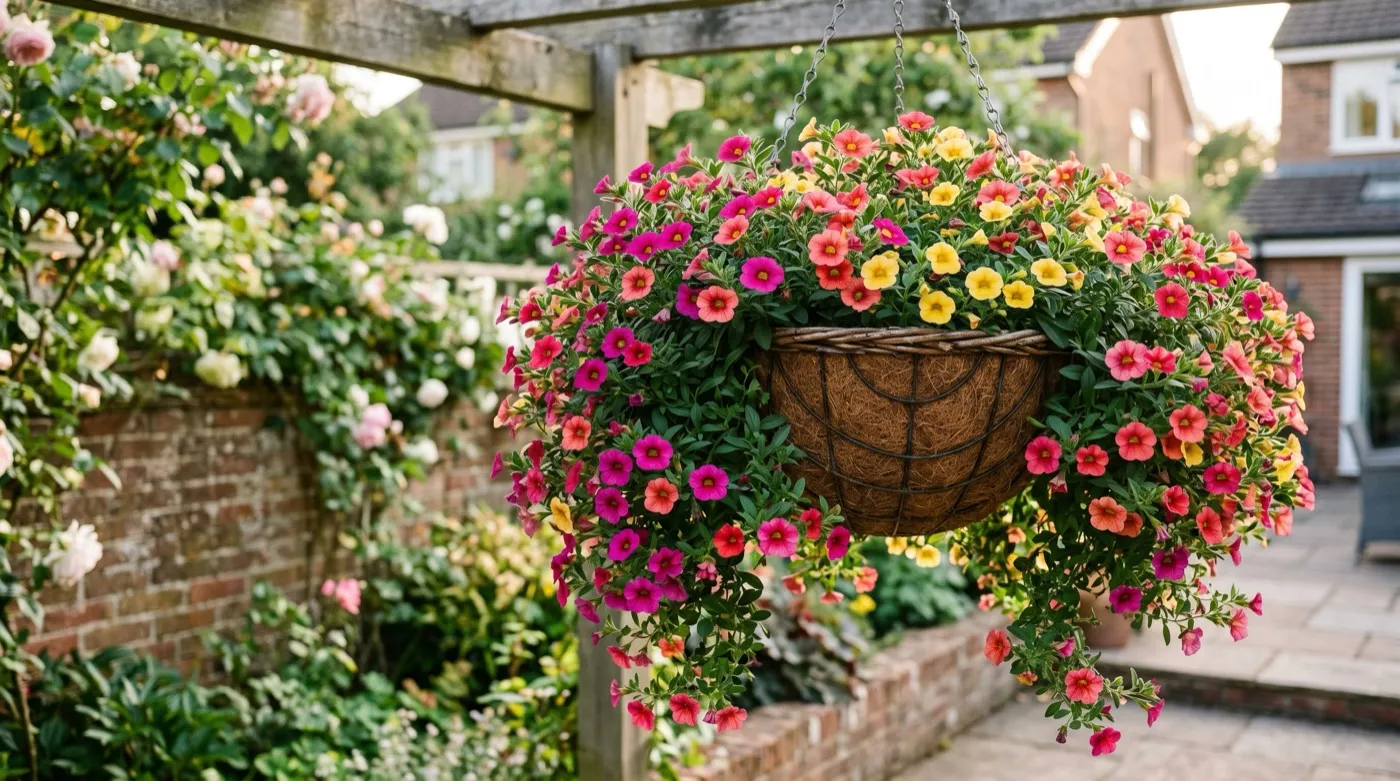 Trailing calibrachoa Million Bells in full flower spilling from a hanging basket in a UK garden
