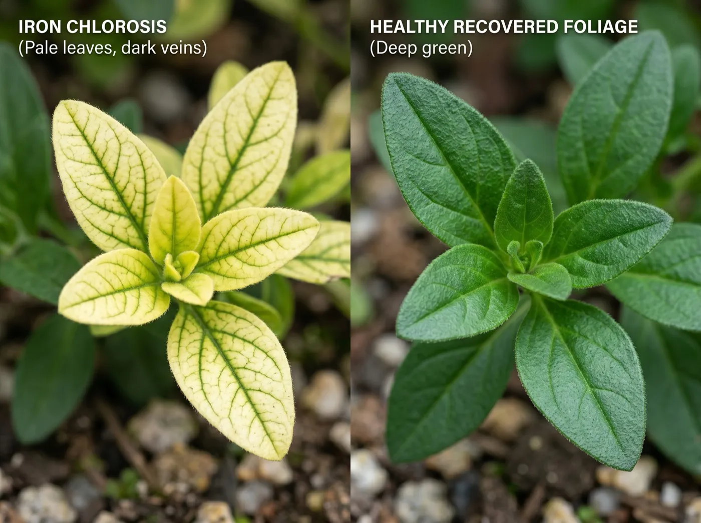 Calibrachoa leaves showing yellow interveinal chlorosis with green veins beside a recovered green plant