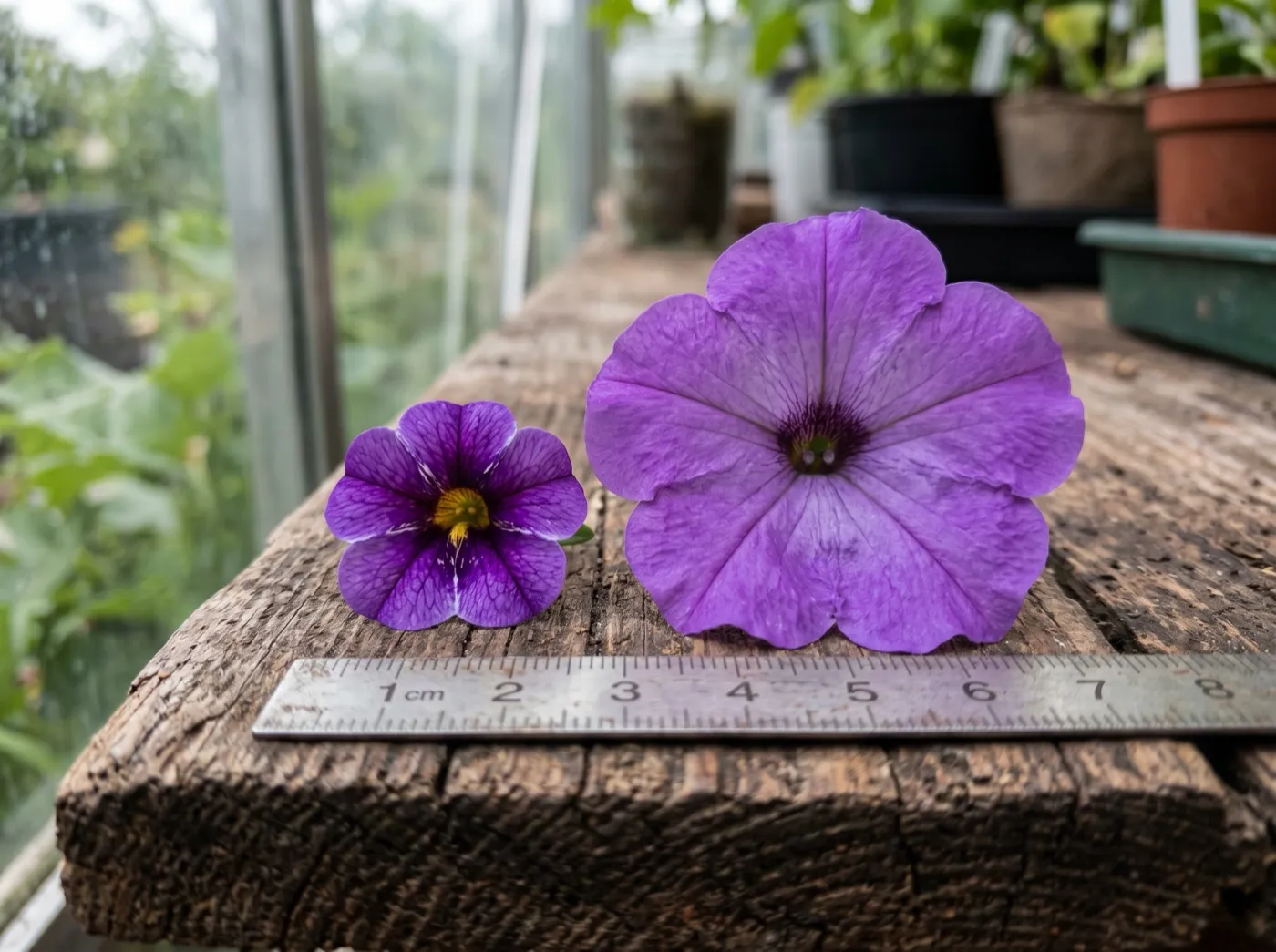 Close-up comparison of small calibrachoa flowers beside a larger petunia bloom showing the size difference