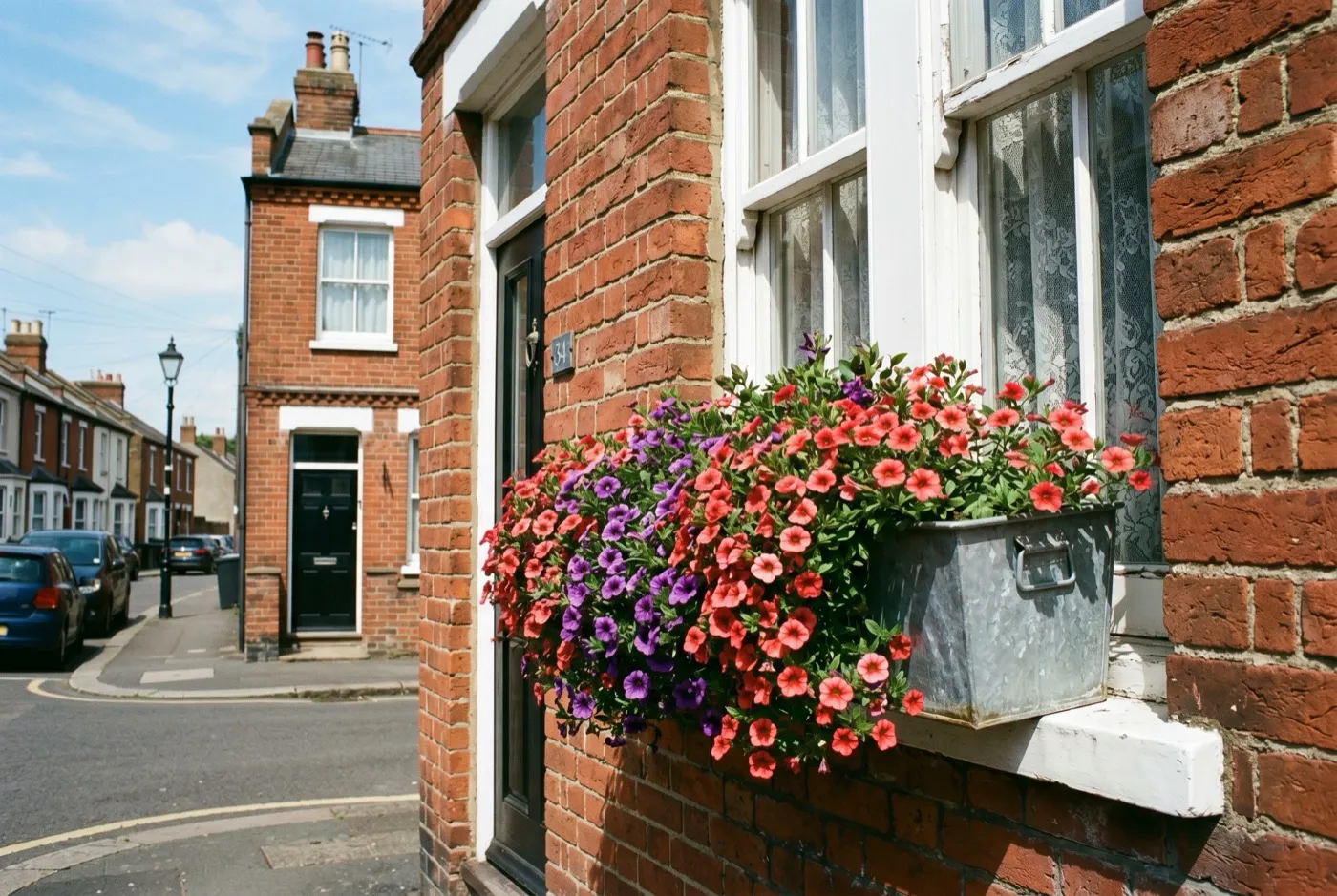 Trailing calibrachoa in a galvanised window box on a brick terraced house front in full sun