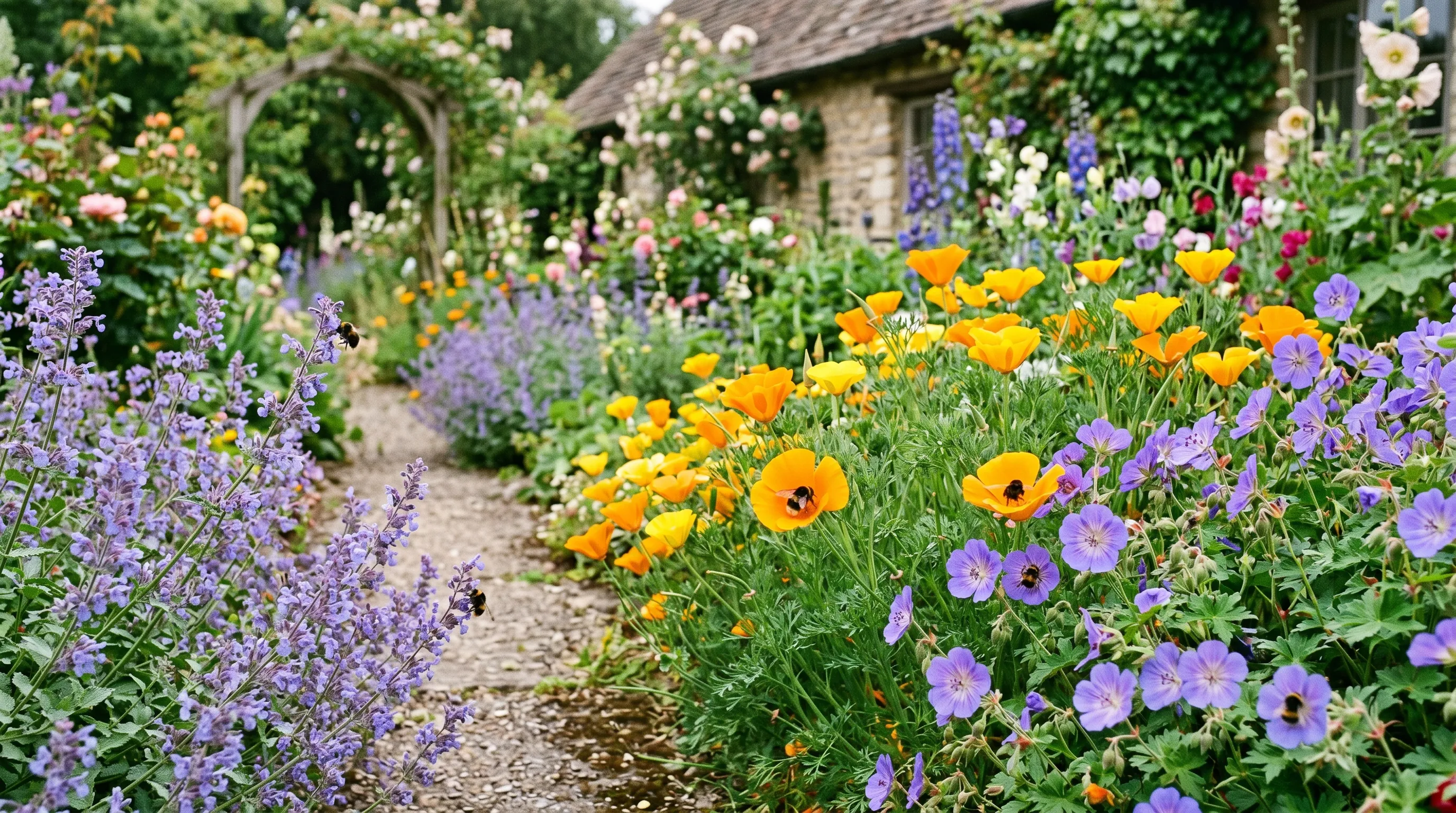 A UK cottage garden border in late July showing California poppies flowering alongside catmint Nepeta and hardy geranium Rozanne with bumblebees visiting the flowers