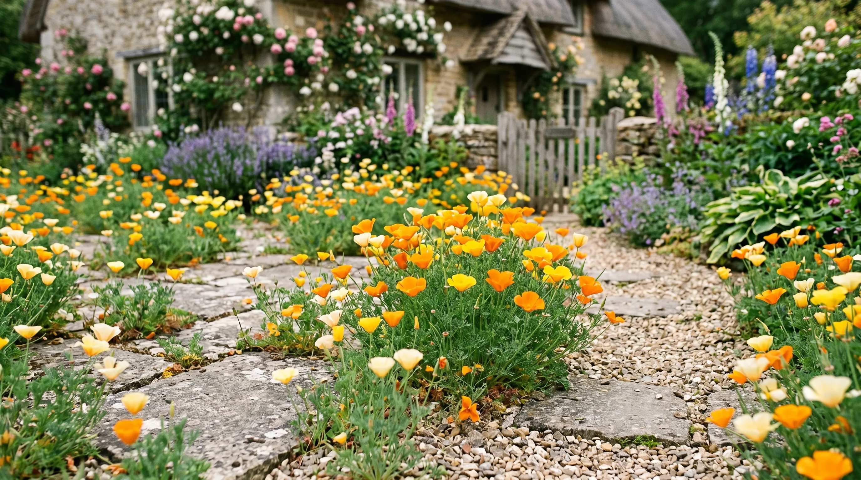 A UK cottage garden gravel area showing California poppies self-seeded into the gaps between paving stones, flowering profusely in late June with no irrigation