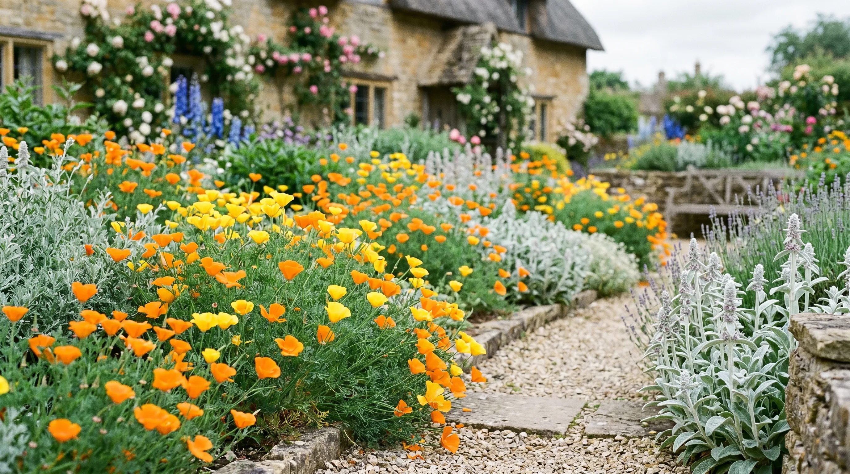 A UK cottage garden border in full bloom with orange and yellow California poppies (Eschscholzia californica) flowering en masse alongside silvery foliage