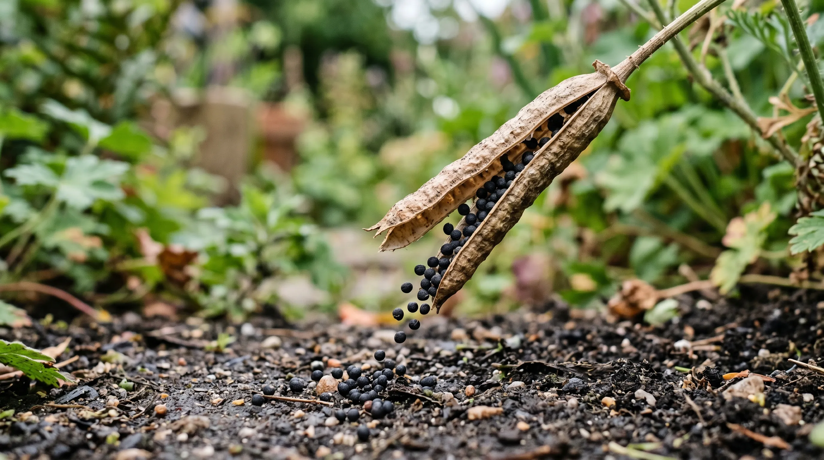 A close-up of a California poppy seed pod in a UK garden, the long cigar-shaped pod just splitting open to release small black seeds onto the soil below