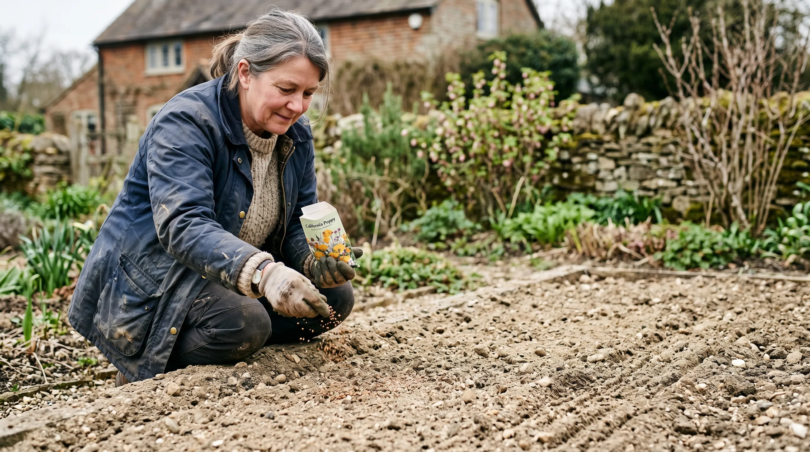 A UK gardener scattering California poppy seed across a freshly raked sandy bed in late March, with the bed clearly poor and stony in preparation for sowing