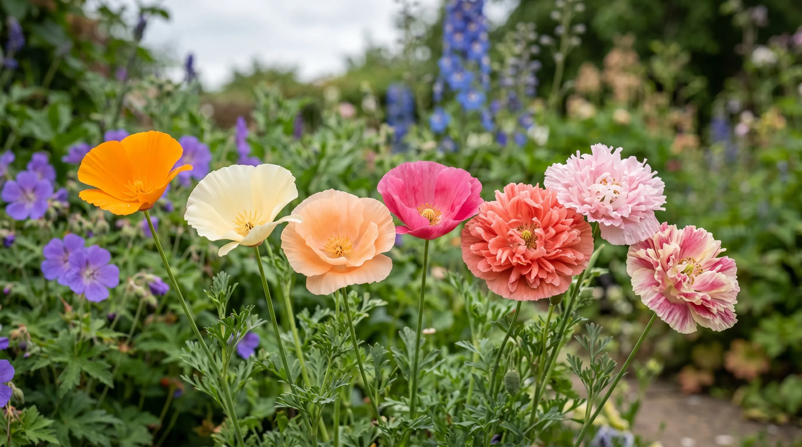 A close-up of seven California poppy flowers in a UK cottage garden showing the range of variety colours: orange wild form, cream Buttermilk, peach Apricot Chiffon, pink Carmine King and frilled Thai Silk Mixed
