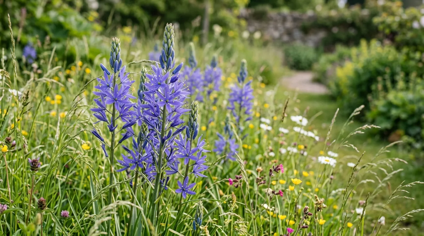 Tall blue camassia leichtlinii spikes flowering in long grass in a UK meadow garden in May
